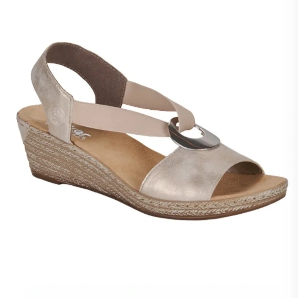 Rieker Fanni Wedge Sandals‎ Womens 40 Champagne Gold Metallic Slingback Comfort